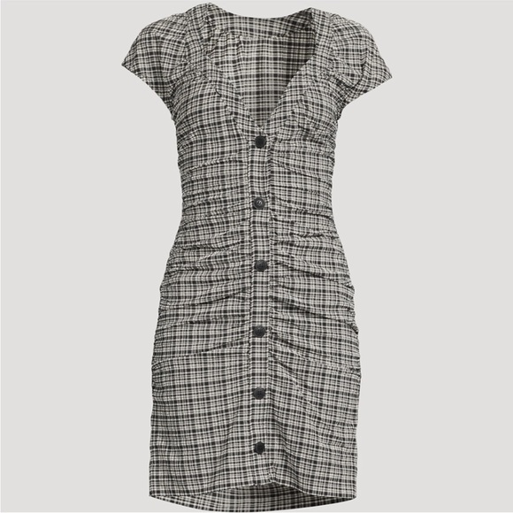 Ganni Ruched Seersucker Mini Dress In Plaid Print SZ 38/6 212 - Picture 7 of 11